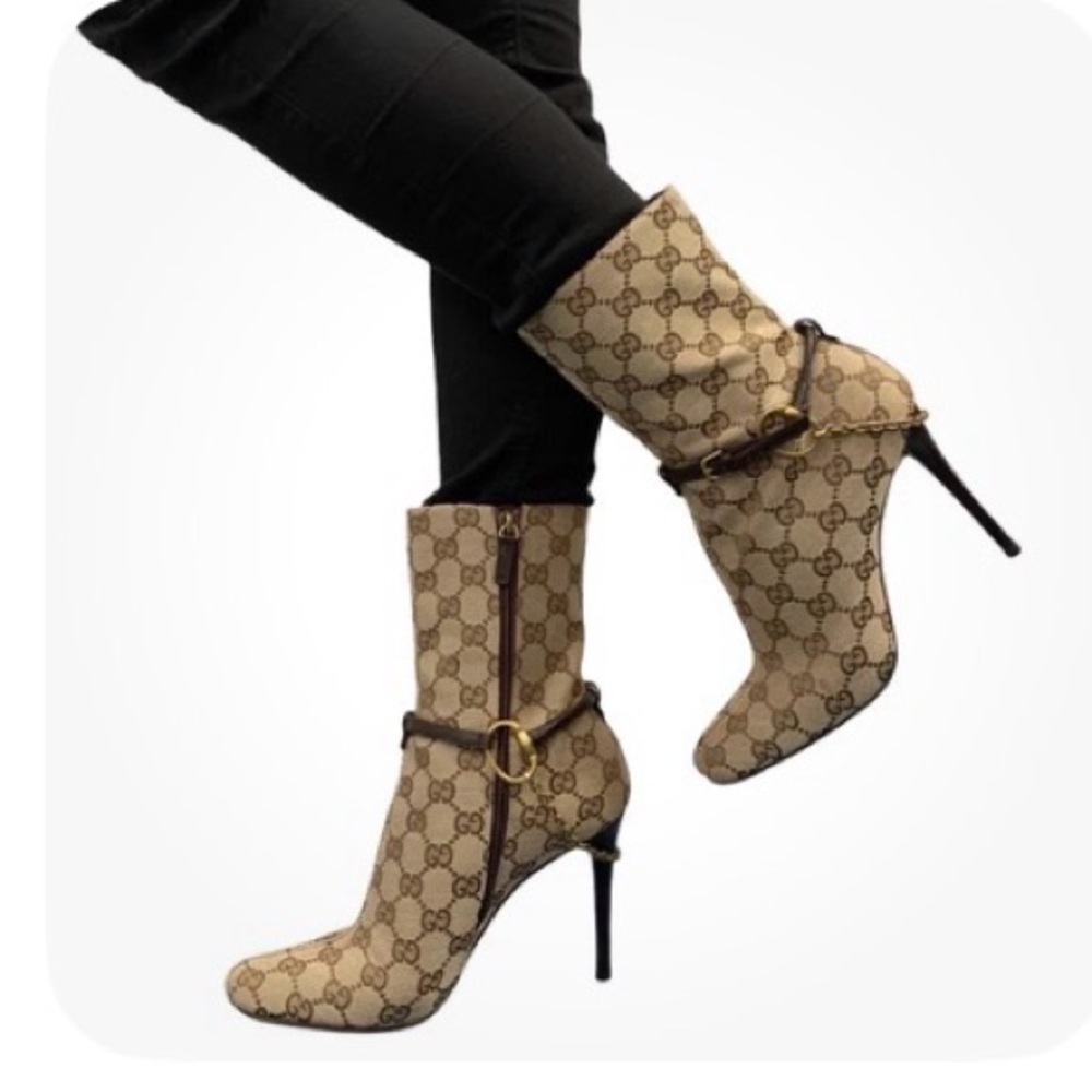 Vintage Gucci GG Monogram Horsebit Harness Ankle High Heeled Beige Canvas Boots - Picture 3 of 15